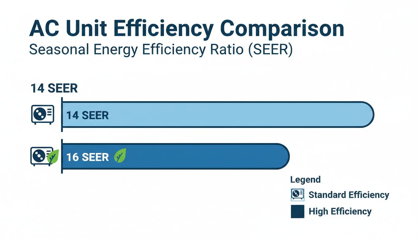 Bar chart comparing 14 SEER standard efficiency AC units with 16 SEER high-efficiency units, showing 16 SEER uses less energy.