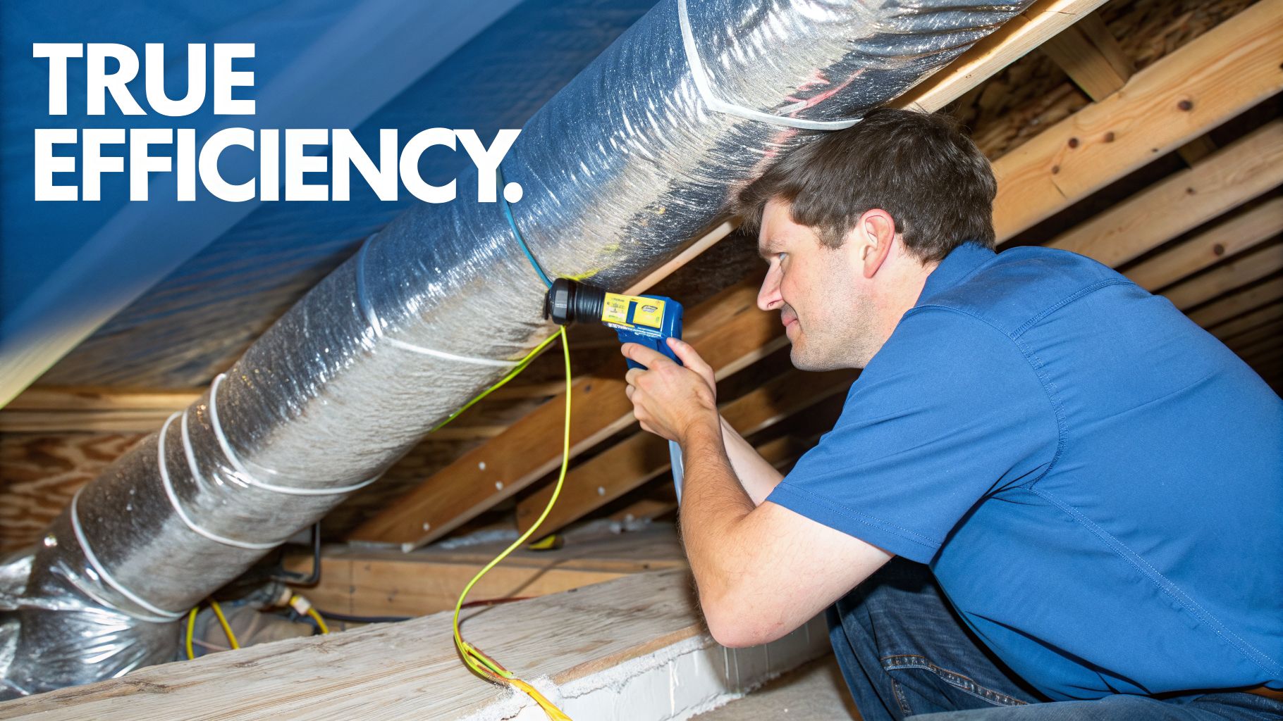 Man inspecting an HVAC duct system in an attic to ensure true efficiency with a measurement tool.