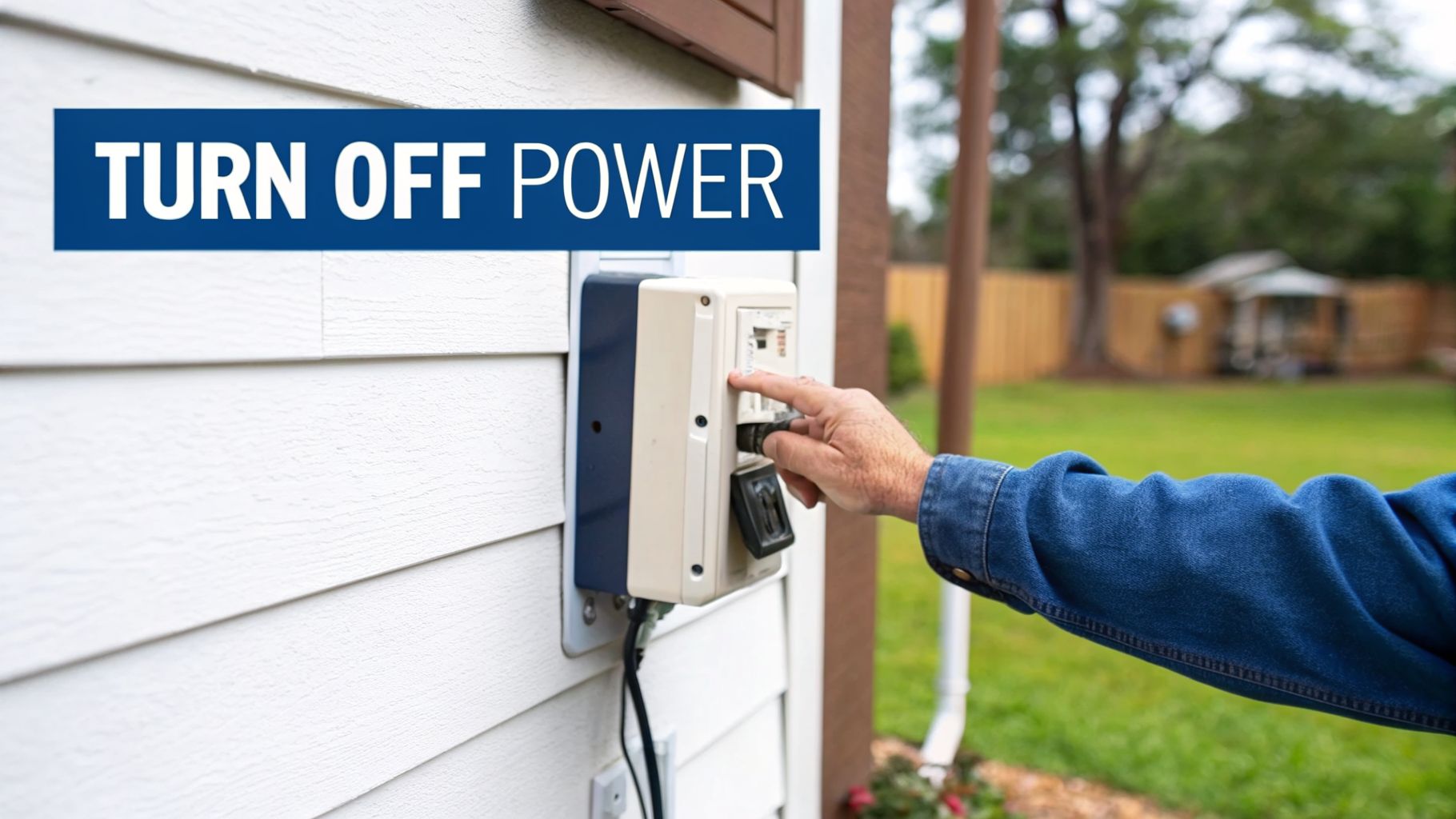 A person's hand turning off an outdoor electrical power switch on a house, with a 'TURN OFF POWER' sign.