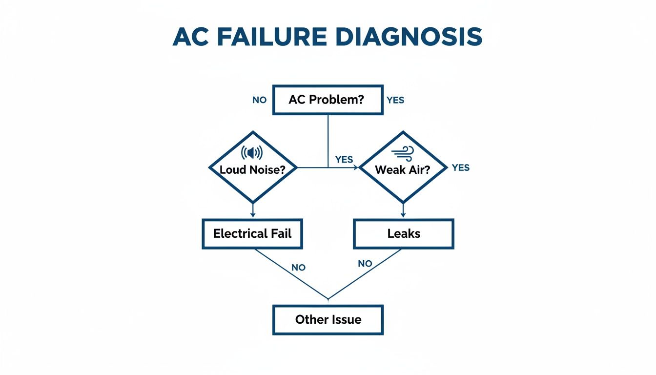A flowchart illustrating AC failure diagnosis, connecting symptoms like loud noise and weak air to potential issues.
