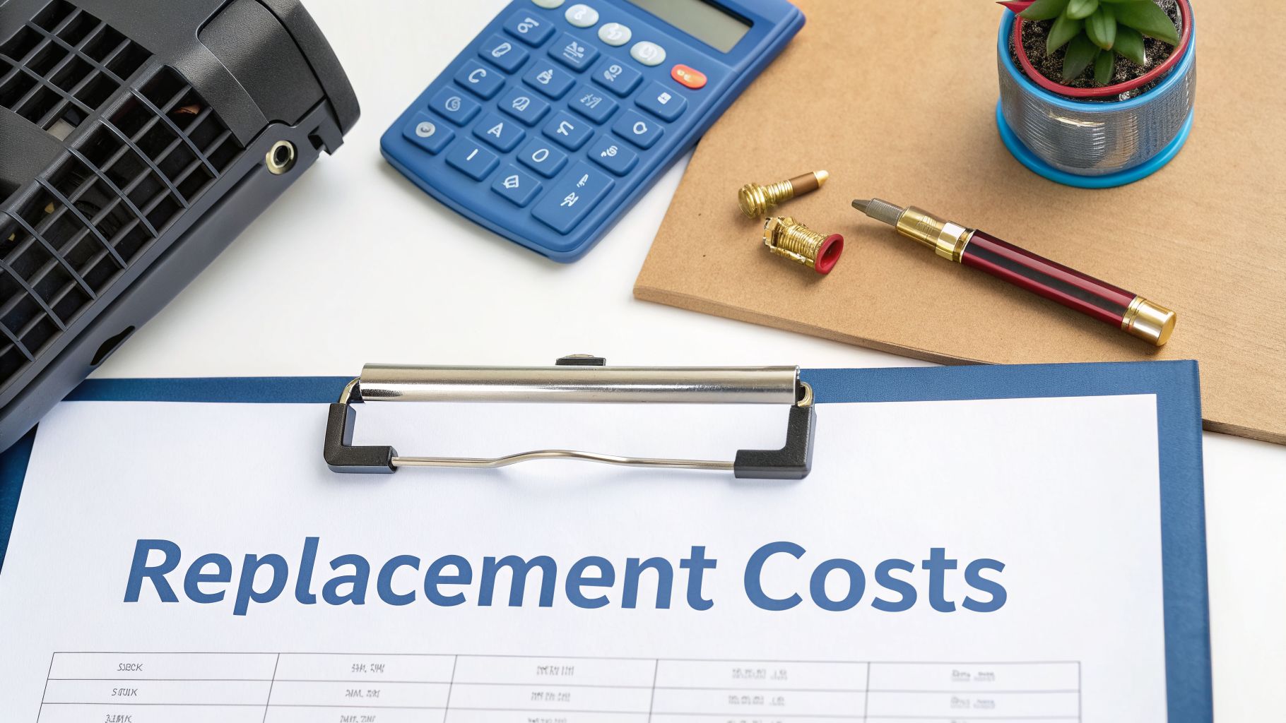 A document titled 'Replacement Costs' on a clipboard, accompanied by a calculator and various small parts.