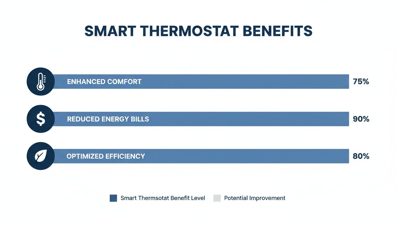 Bar chart illustrating smart thermostat benefits: enhanced comfort (75%), reduced energy bills (90%), and optimized efficiency (80%).