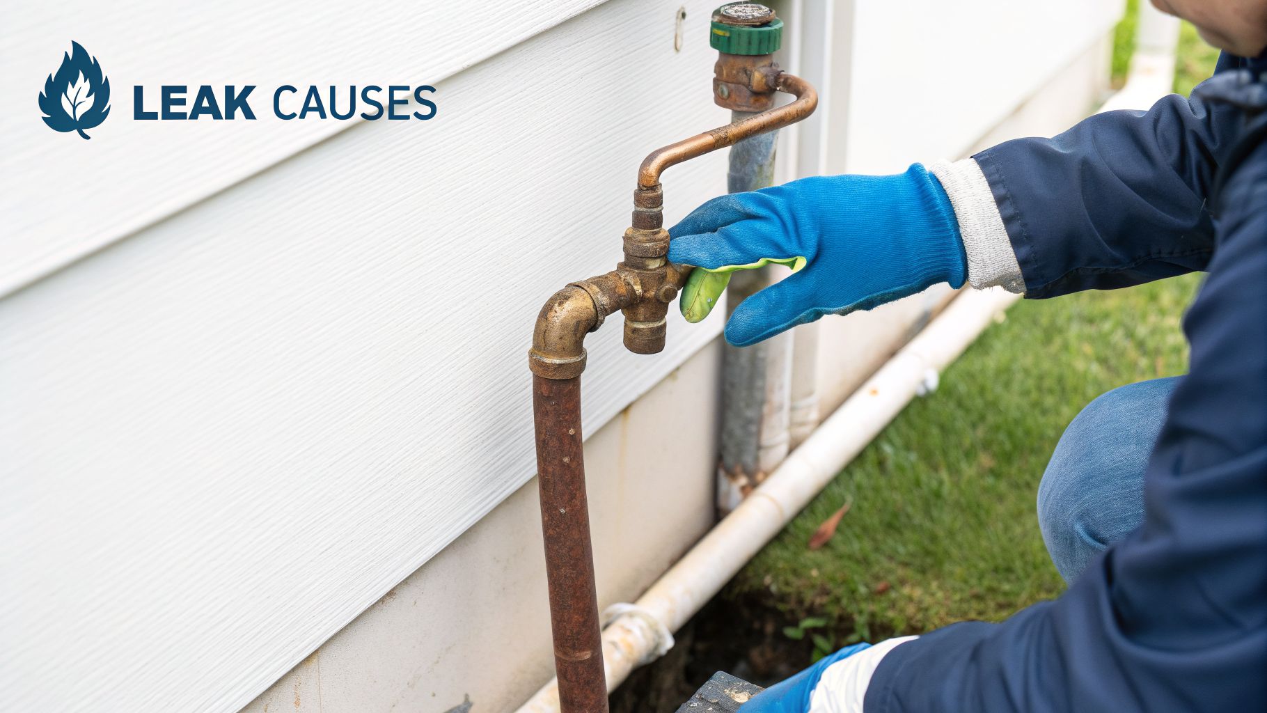 A person in blue gloves inspects a rusty outdoor water faucet on the side of a white house, with "LEAK CAUSES" text.