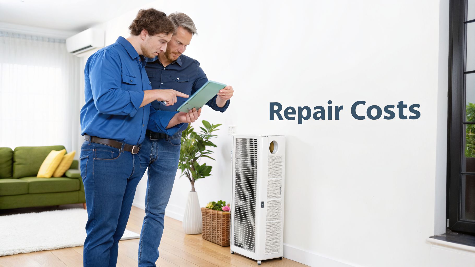 Two men discuss repair costs shown on a tablet in a modern living room with an air purifier.