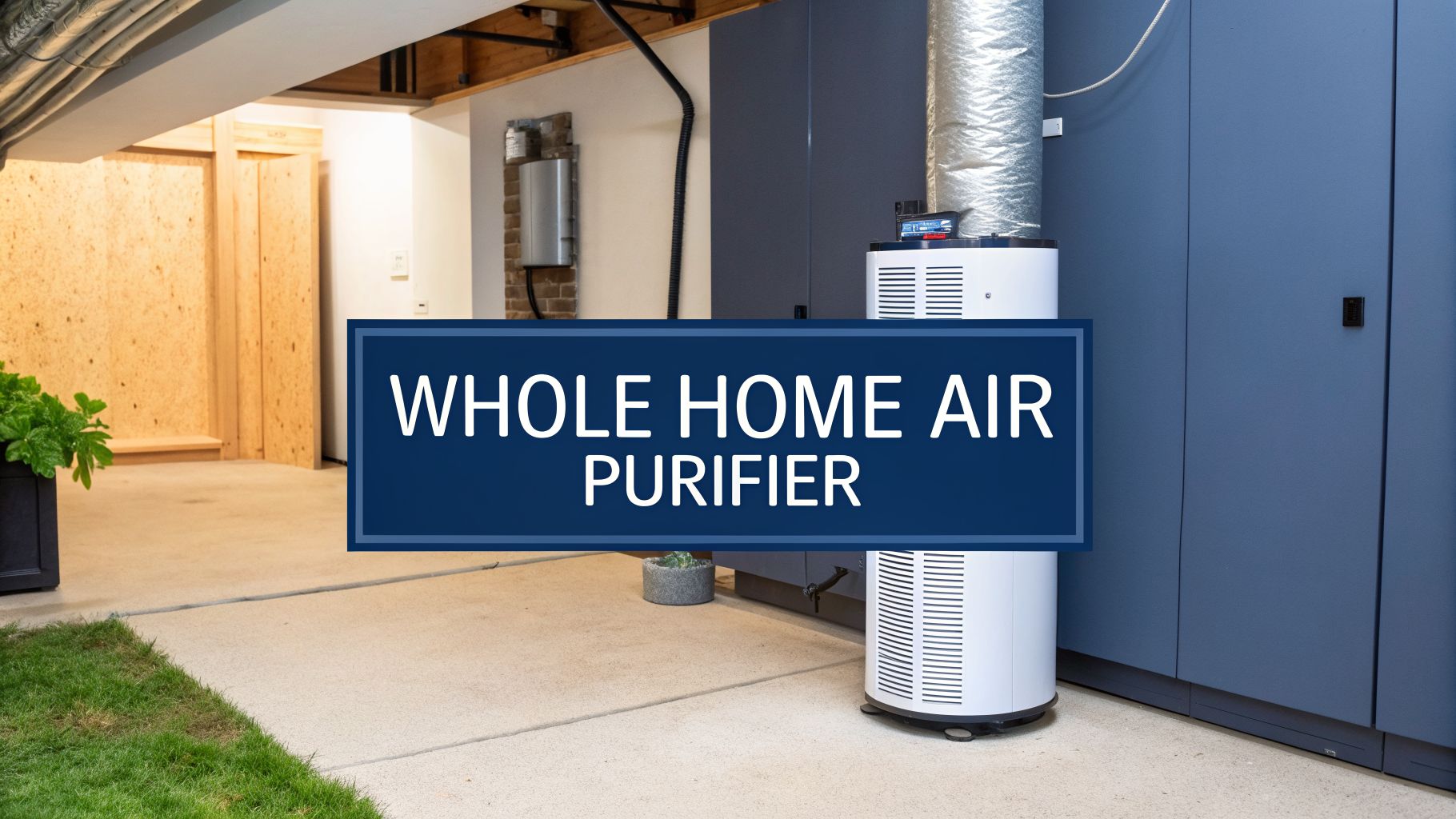 A whole home air purifier unit with silver ductwork next to dark cabinets in a clean basement.