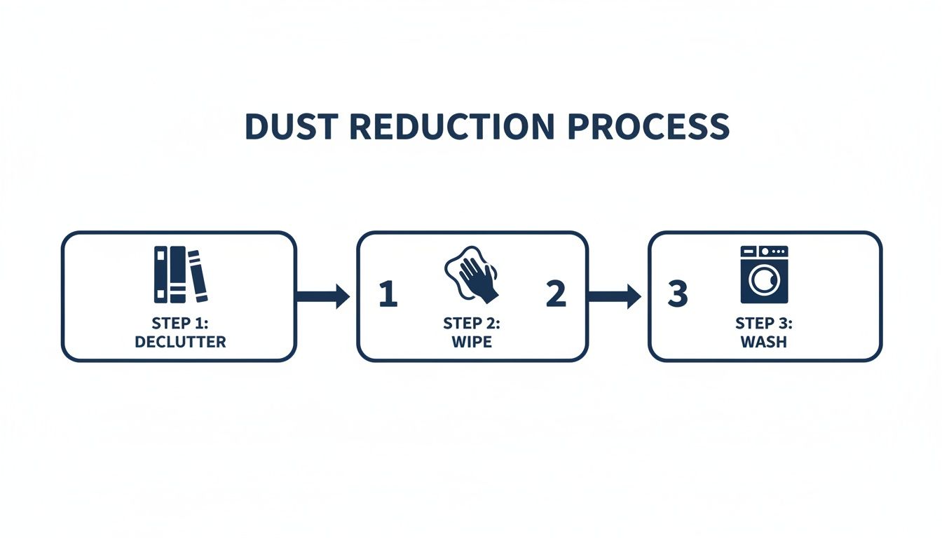 An infographic illustrating a three-step dust reduction process: declutter, wipe surfaces, and wash items.