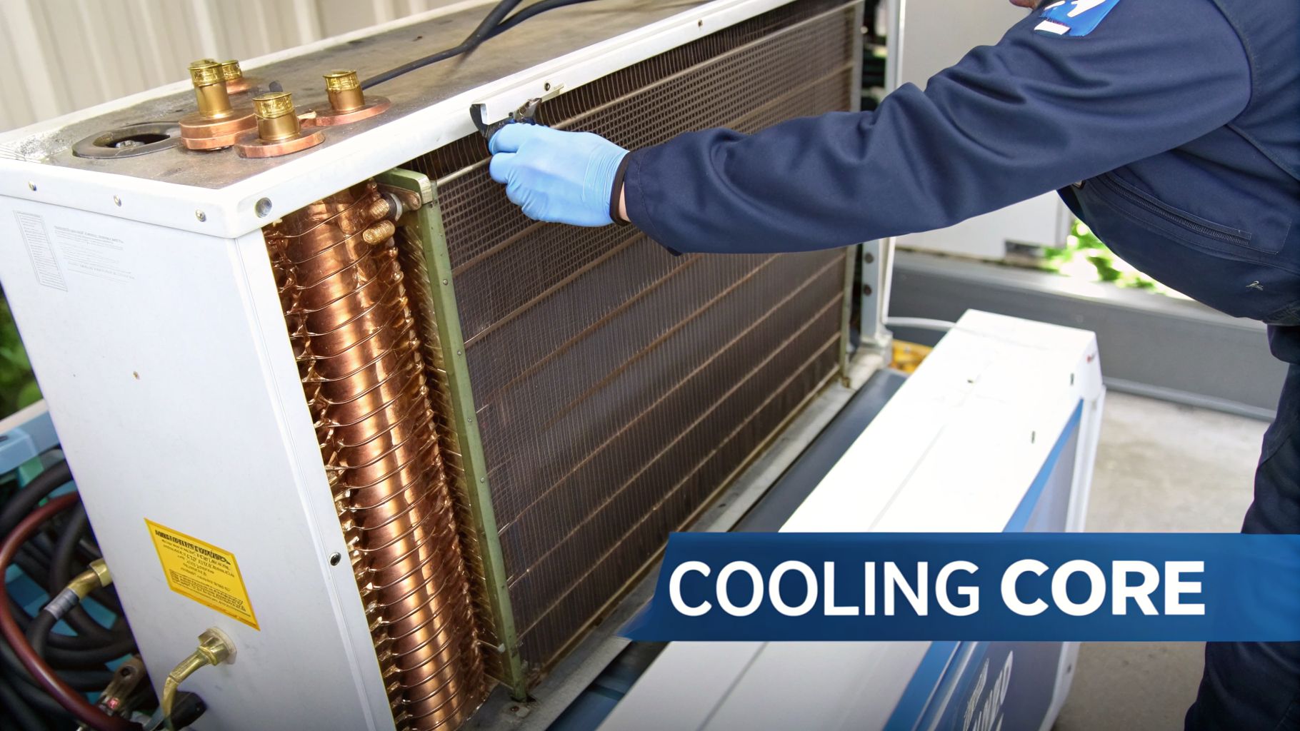 Technician in blue gloves inspecting the exposed cooling core and copper coils of an HVAC unit.