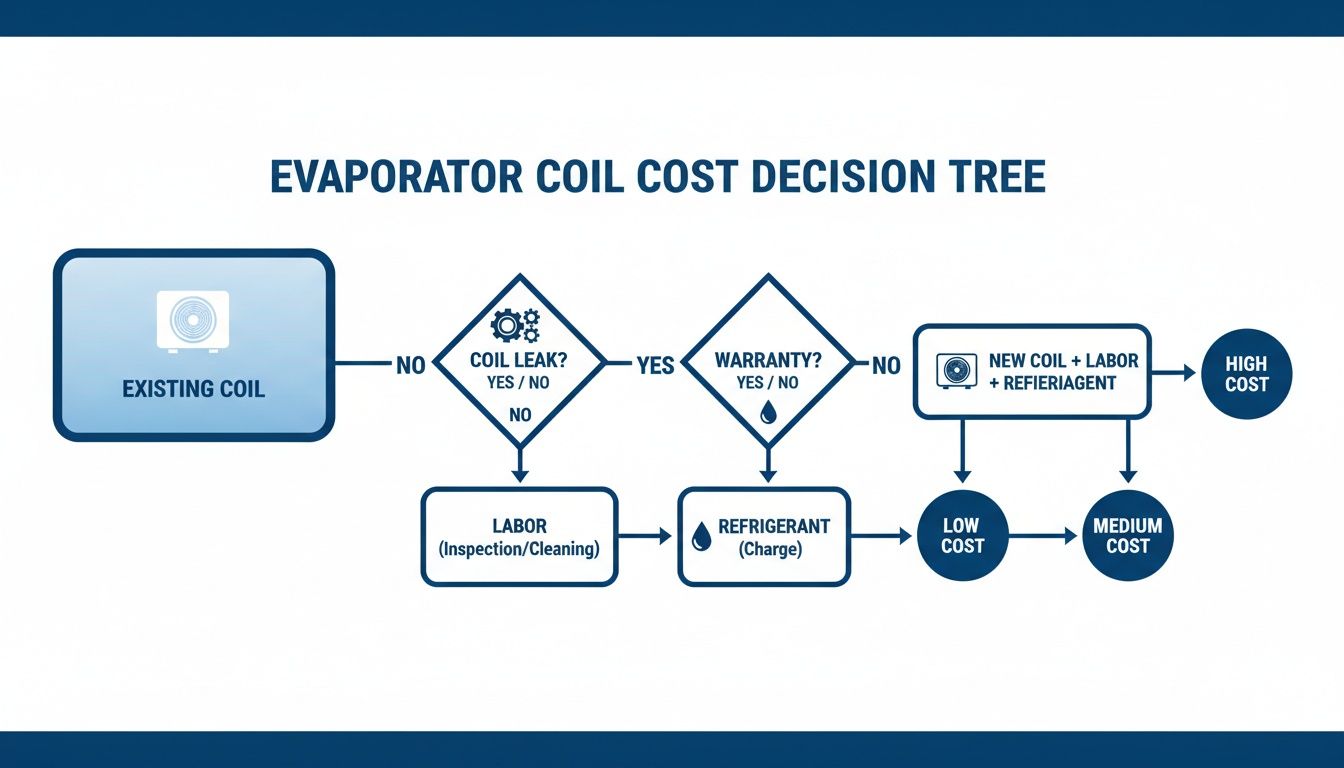 Decision tree illustrating evaporator coil repair and replacement cost factors and outcomes.