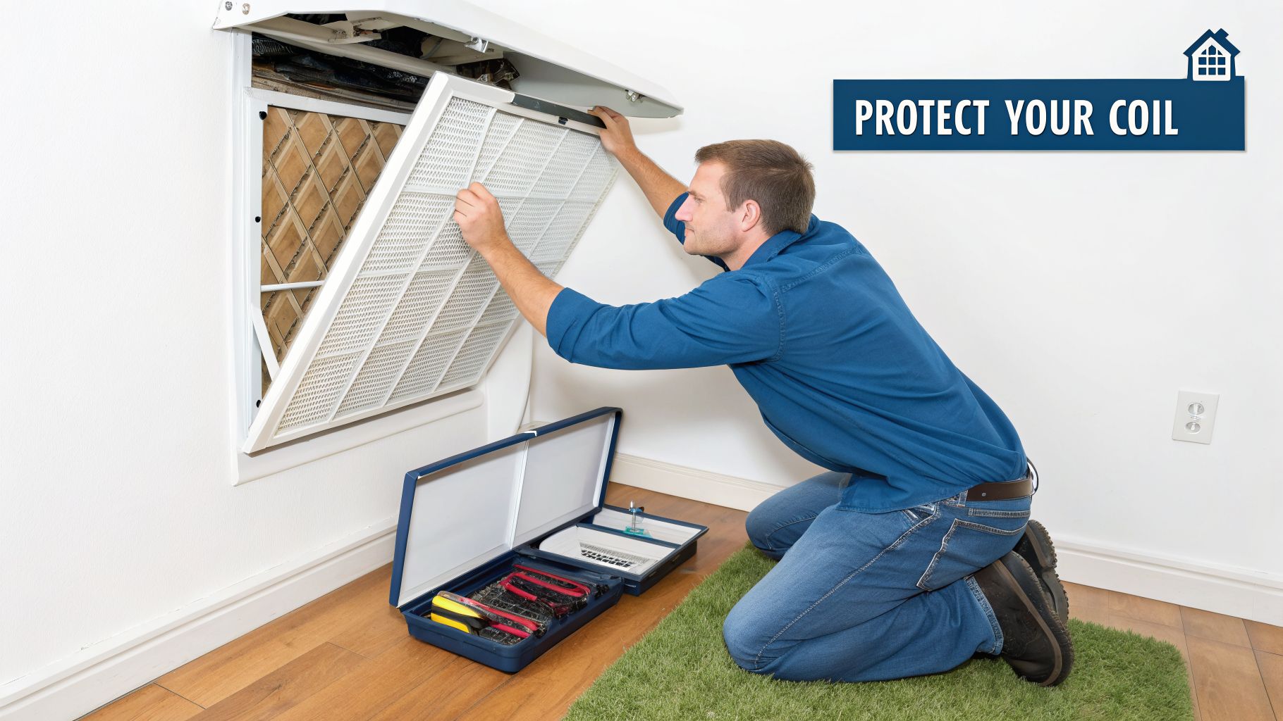 A man replaces a dirty air filter in an HVAC unit to protect the evaporator coil.