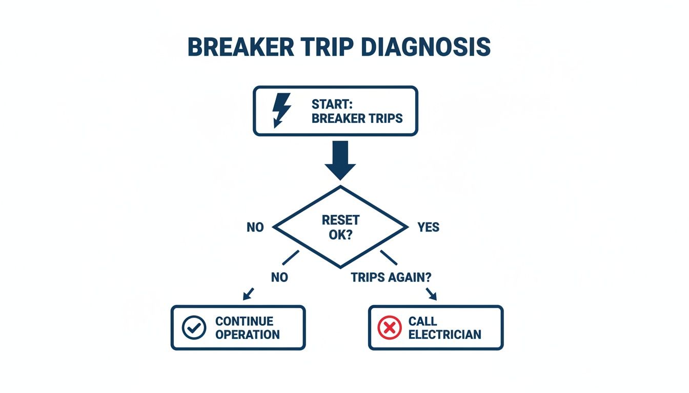 Flowchart for breaker trip diagnosis, guiding users from a tripped breaker through reset attempts to either continuing operation or calling an electrician.