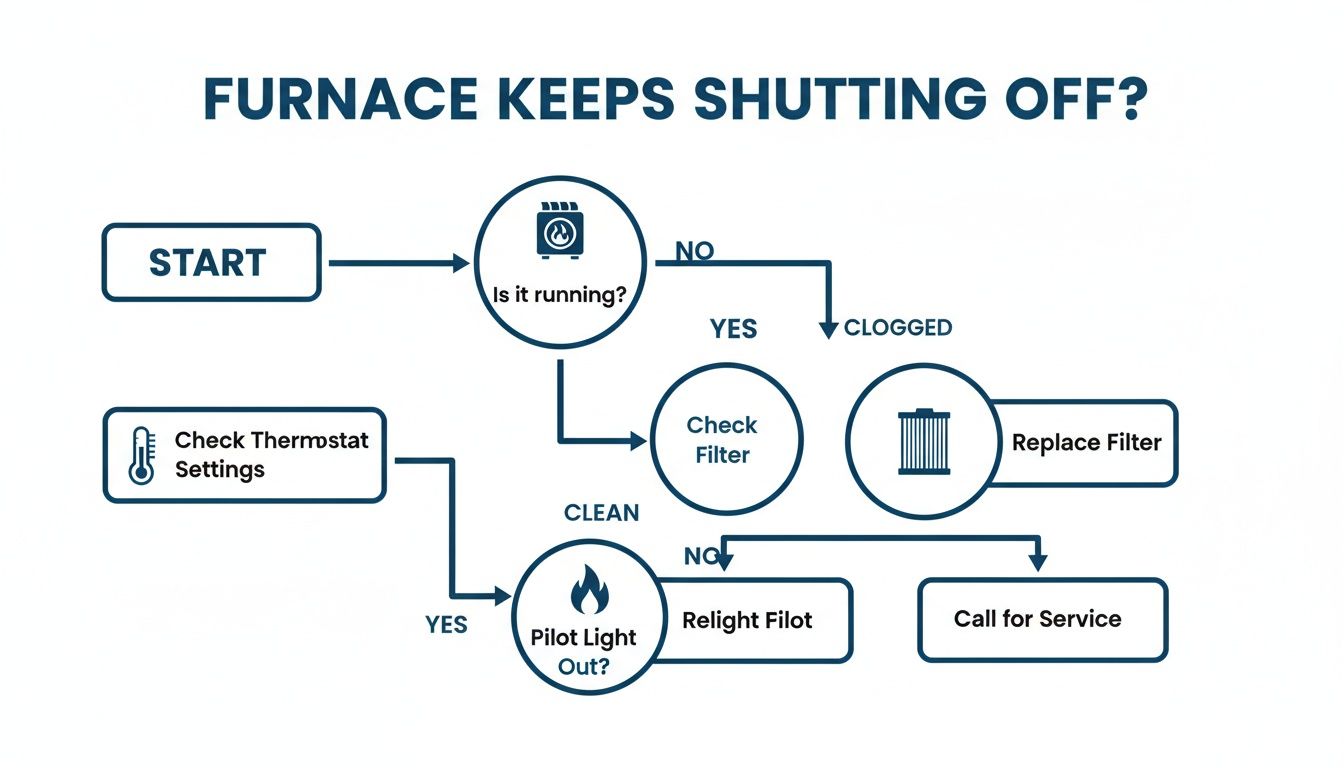 Flowchart troubleshooting a furnace that keeps shutting off, detailing steps for filter, thermostat, and pilot light checks.