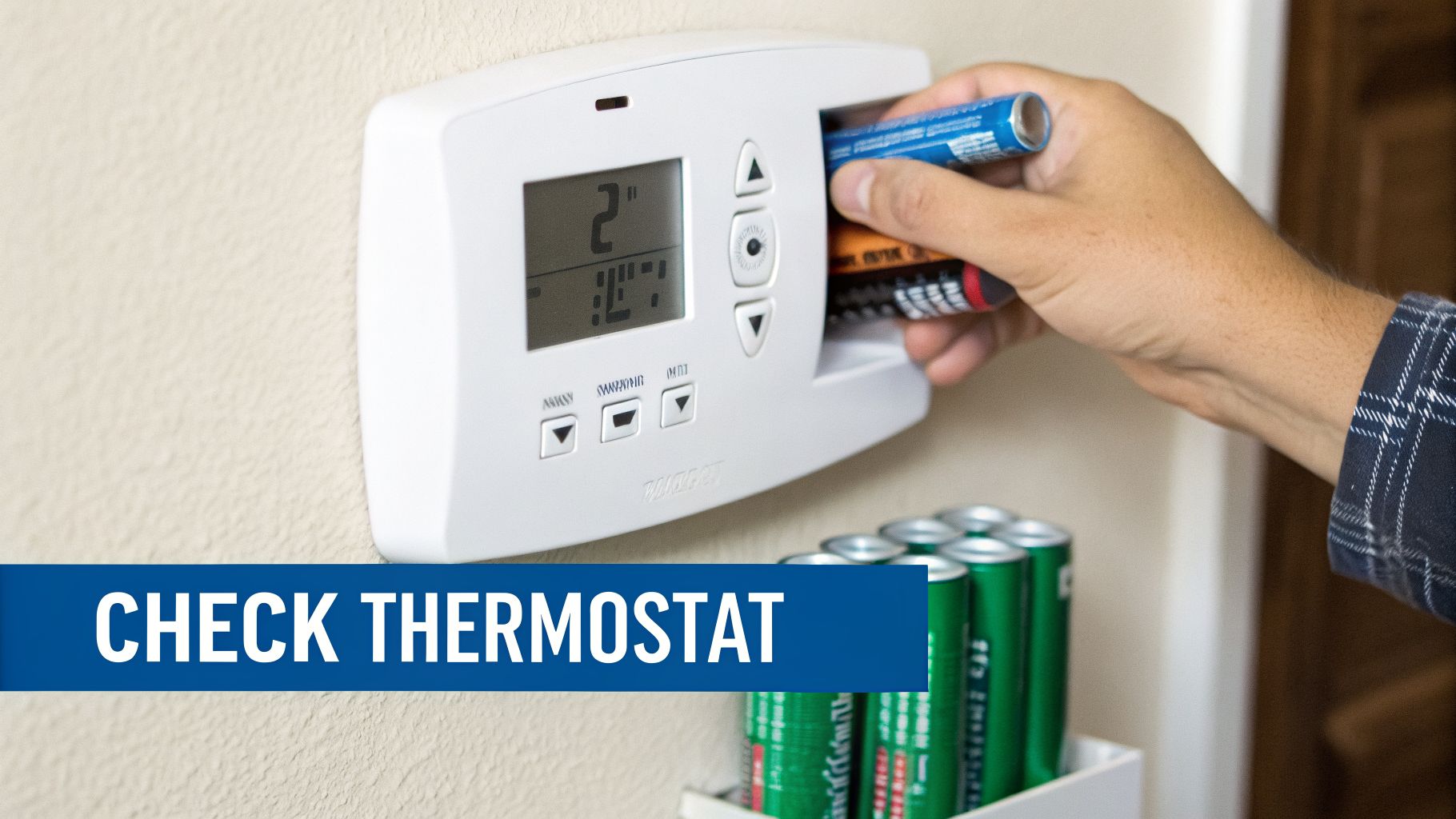 A hand replacing batteries in a white digital thermostat on a textured wall.