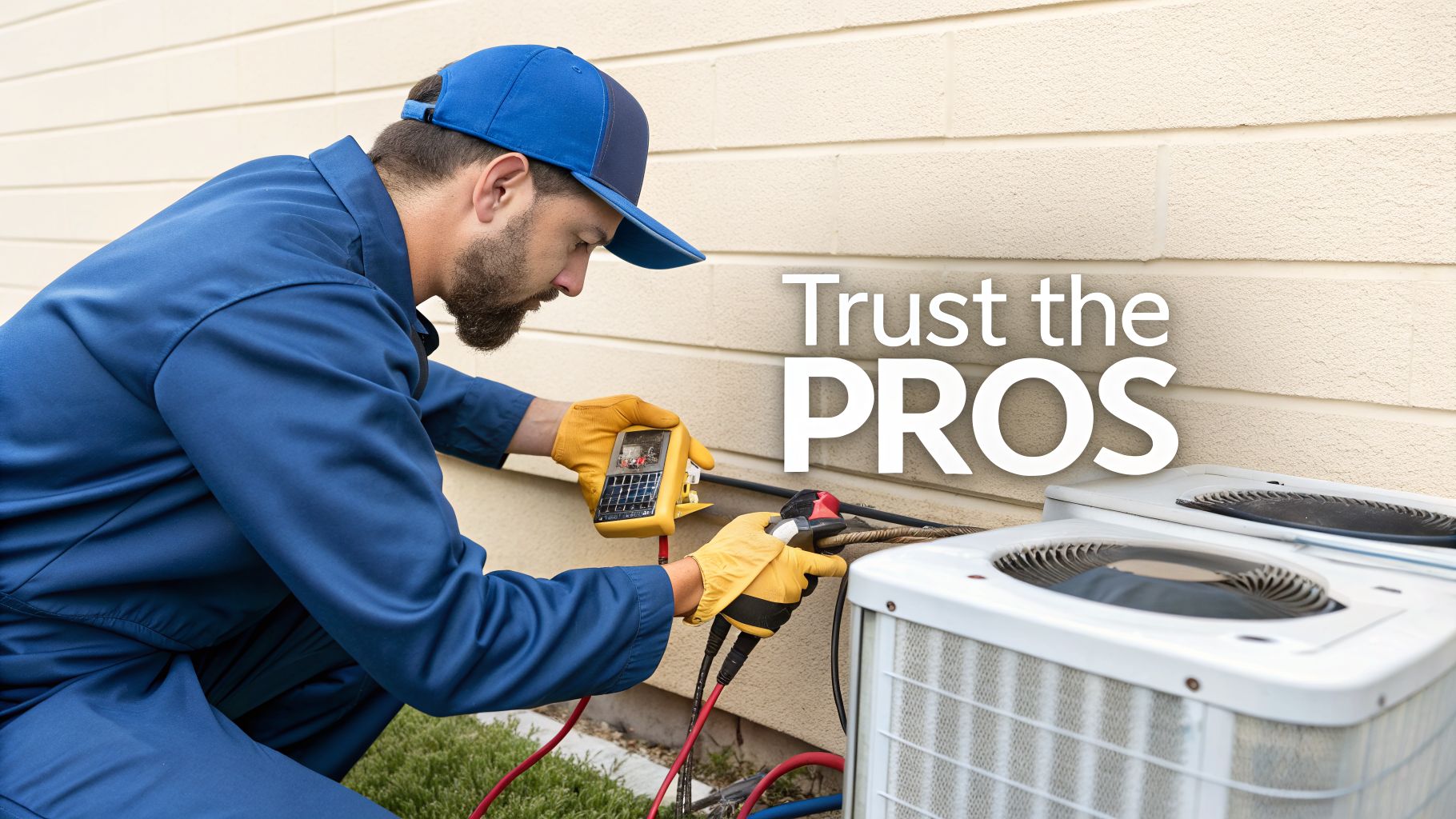 A professional technician in a blue uniform and yellow gloves services an outdoor AC unit with diagnostic tools.