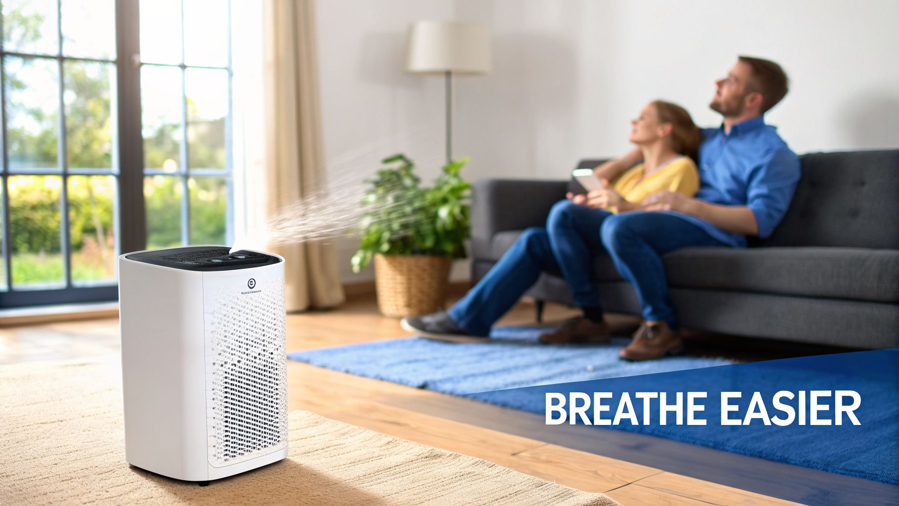 A white air purifier running in a modern living room, with a couple relaxing on a couch.