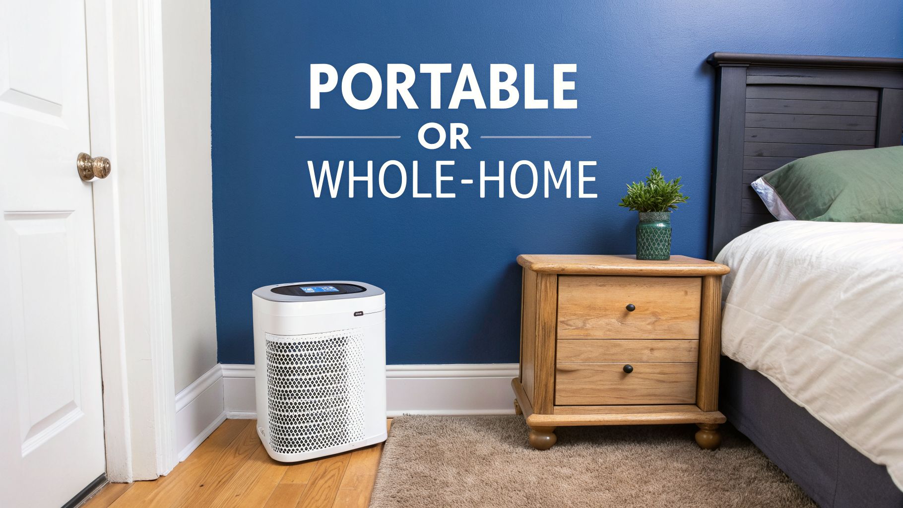 A portable air purifier in a bedroom with text 'Portable or Whole-Home' on a blue wall.