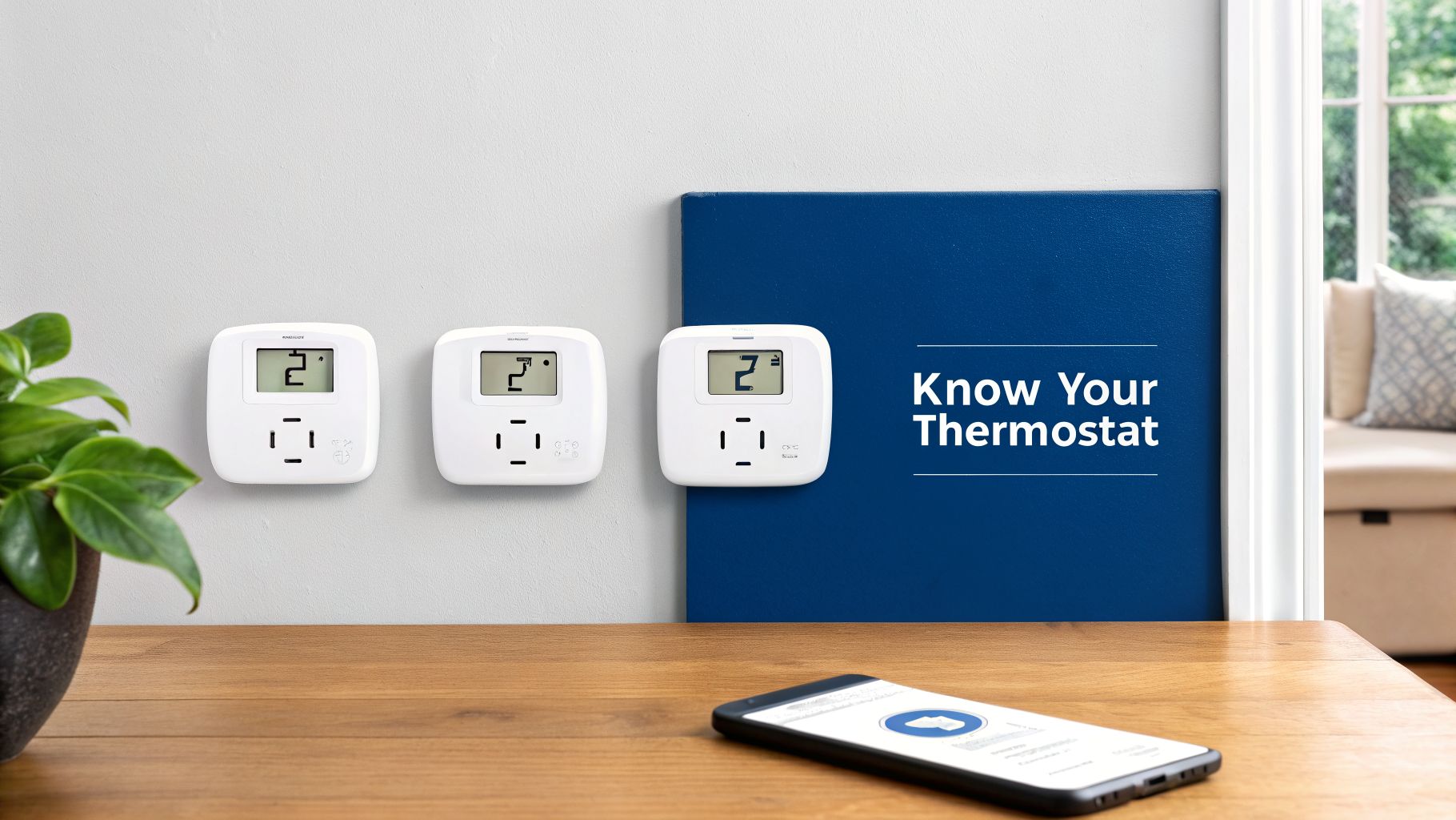 Three white smart thermostats displaying '2' on a wall with a smartphone and text.
