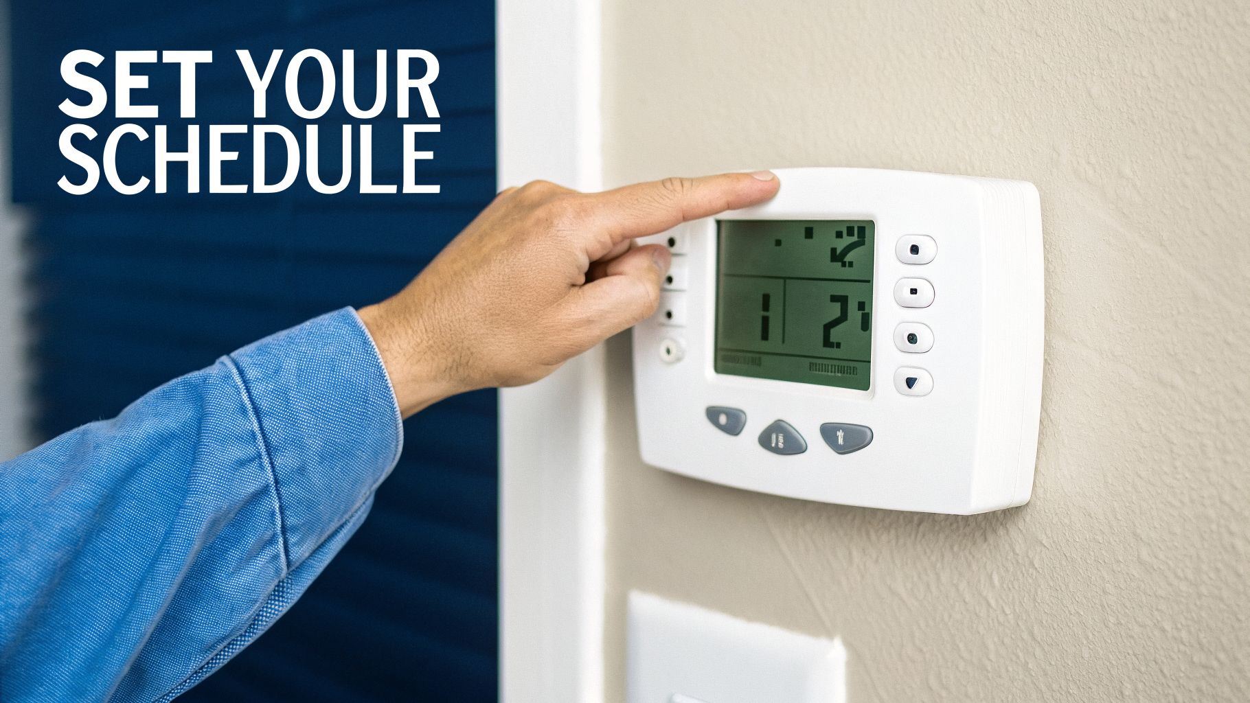 Close-up of a hand adjusting a white digital thermostat on a wall, setting a schedule.