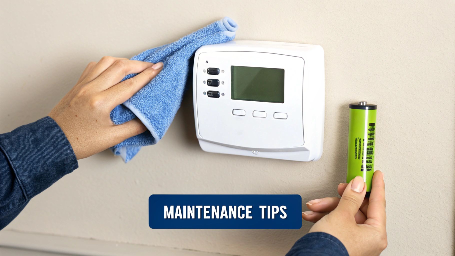 Hands cleaning a white AC thermostat with a blue cloth and holding a green battery.