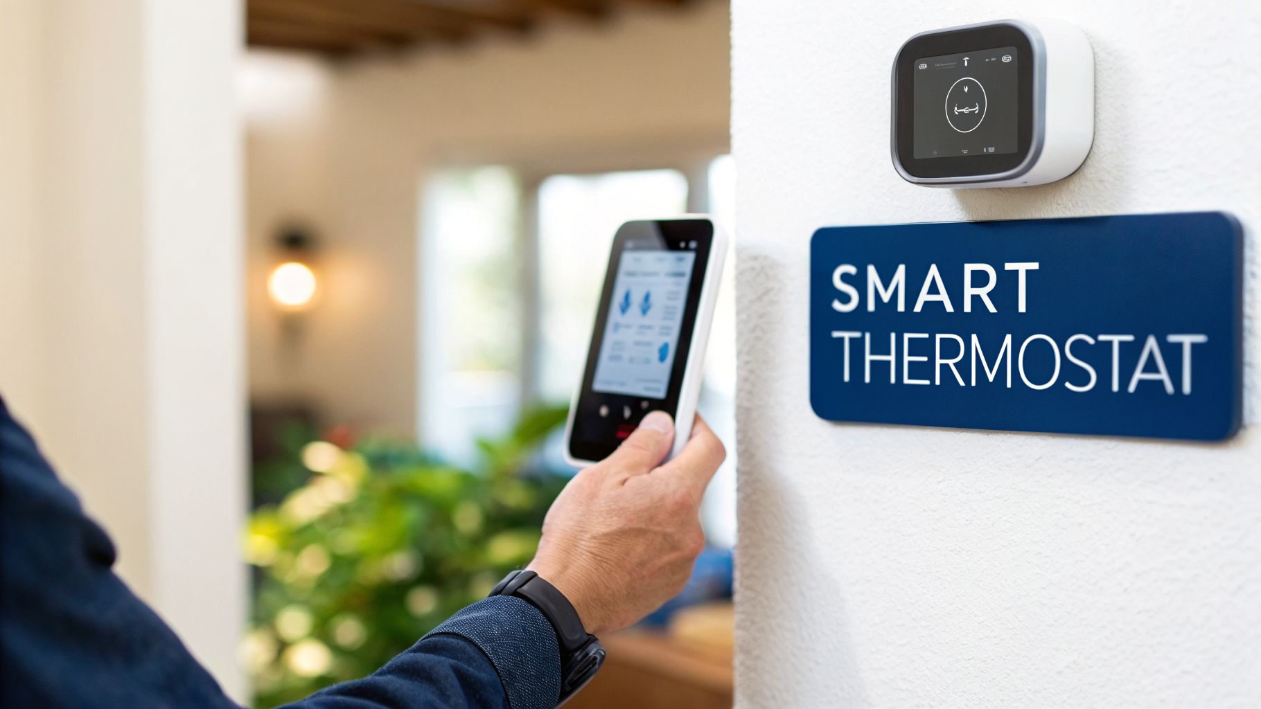 A hand controls a smart thermostat using a mobile device, emphasizing home automation.