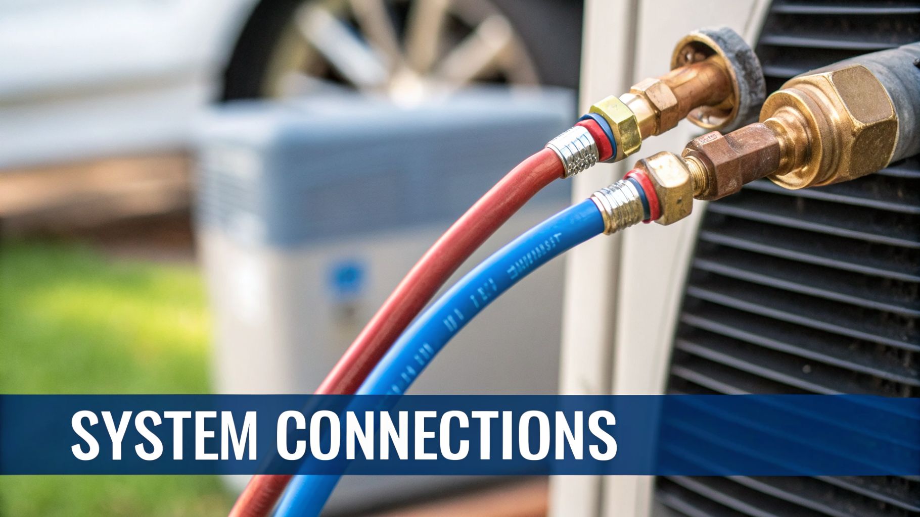 System connections with red and blue hoses attached to an outdoor air conditioning unit.