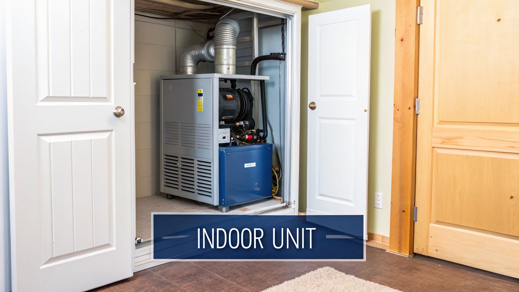 An indoor air conditioner unit, gray and blue, inside a closet with open white doors.