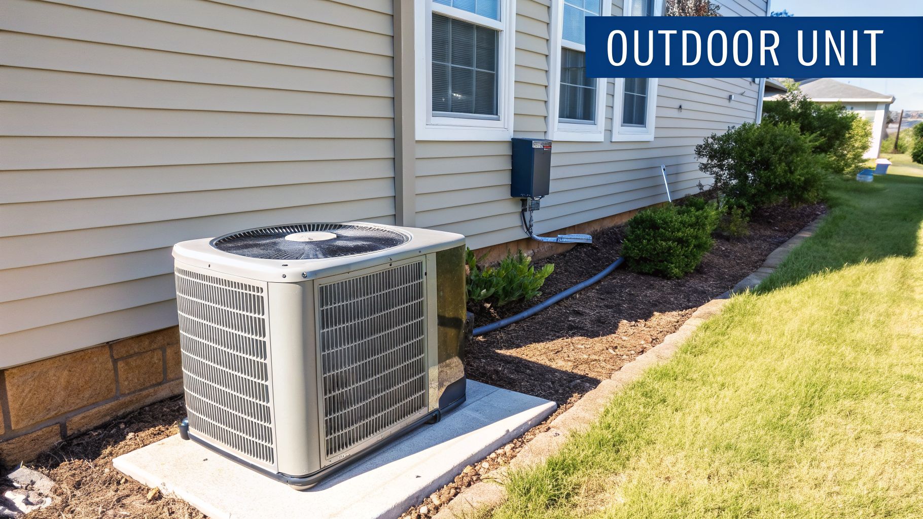 An outdoor air conditioning unit on a concrete pad next to a house with light siding.