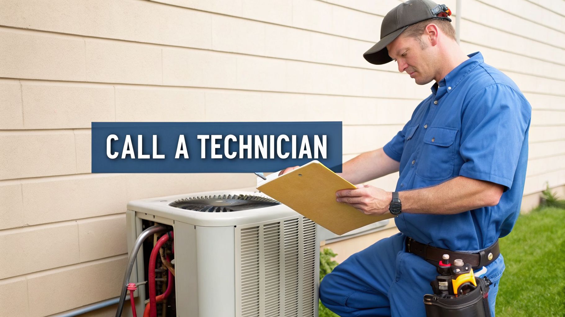 A male HVAC technician in a blue uniform inspecting an outdoor air conditioning unit with a clipboard.