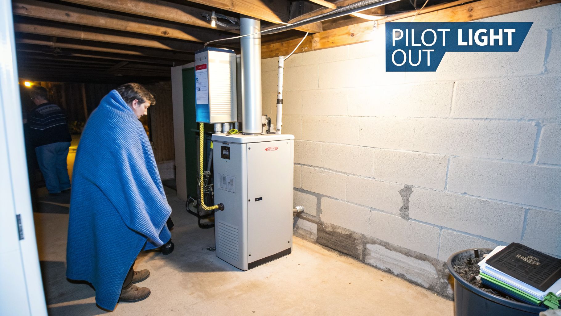 A person wrapped in a blue blanket stands near a furnace in a cold basement, with text indicating 'PILOT LIGHT OUT'.