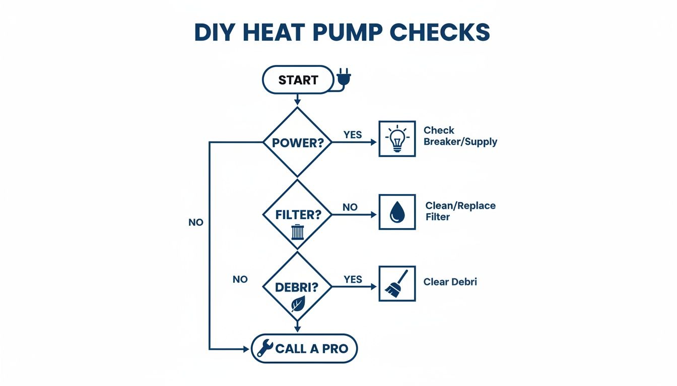 A detailed flowchart outlining DIY heat pump checks for common issues like power, filter, and debris.