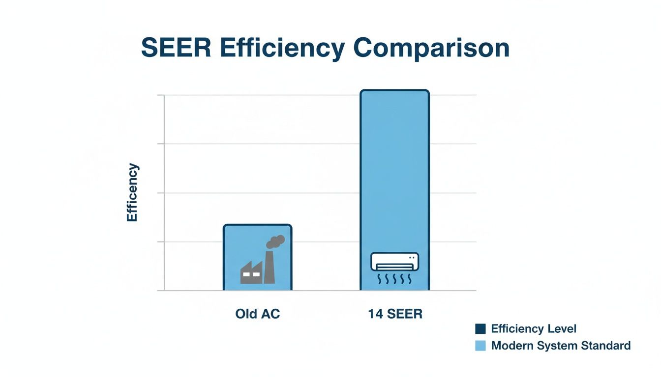 Bar chart comparing lower efficiency of old AC units to higher efficiency of modern 14 SEER systems.
