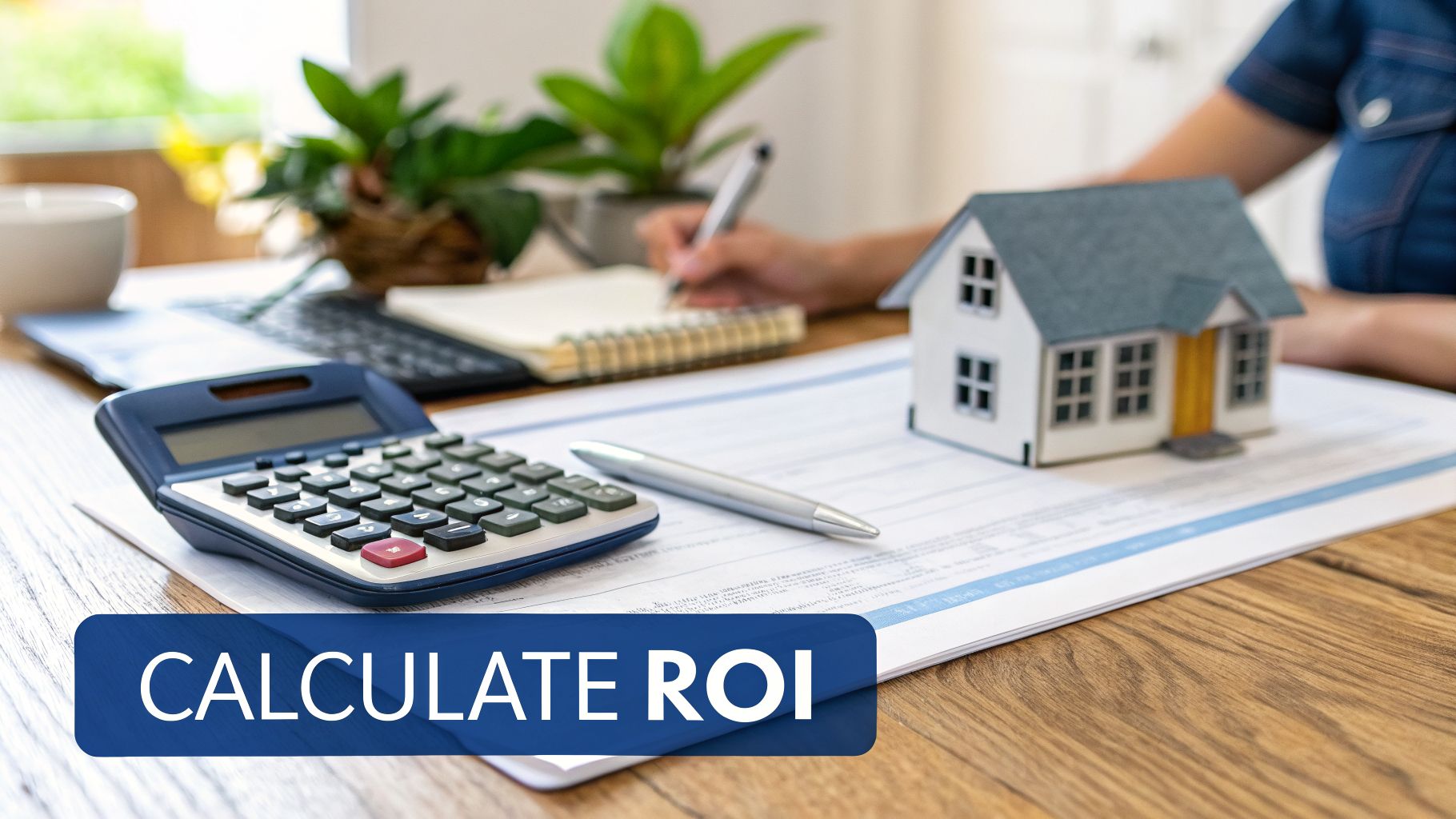 Person uses a calculator and pen next to a model house on a desk, calculating property ROI.
