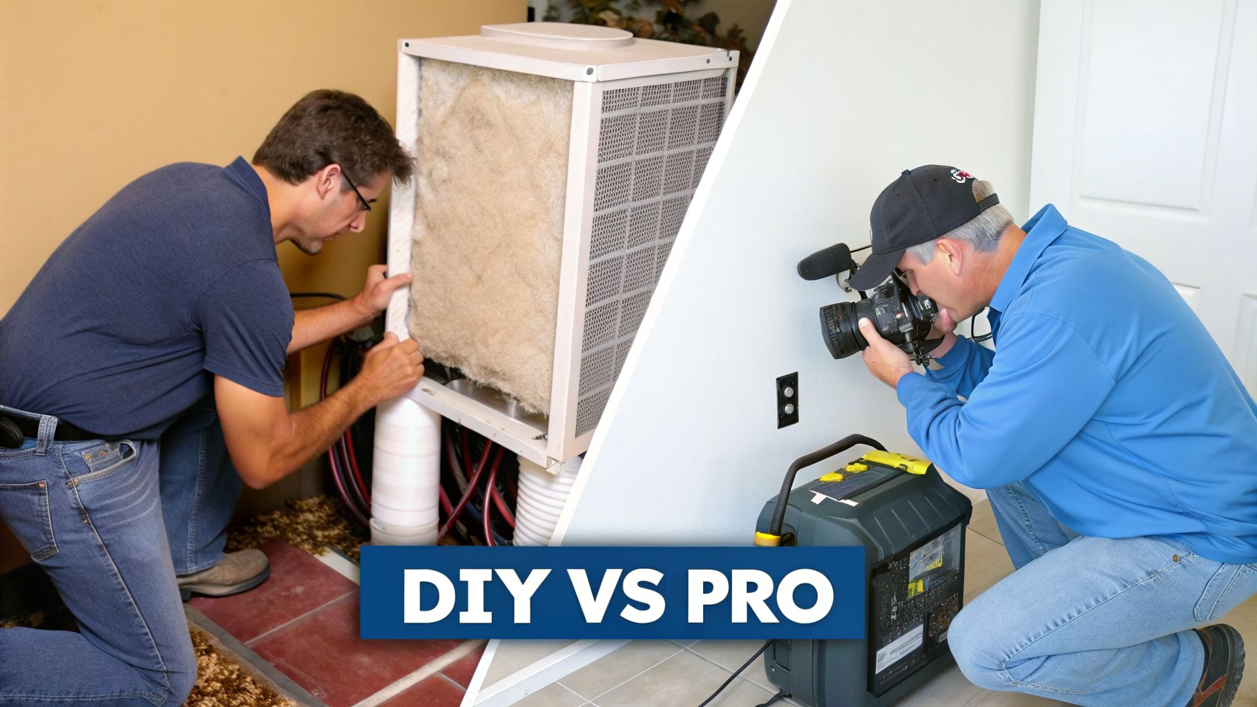 A split image depicting DIY HVAC repair and professional videography, with 'DIY VS PRO' text.
