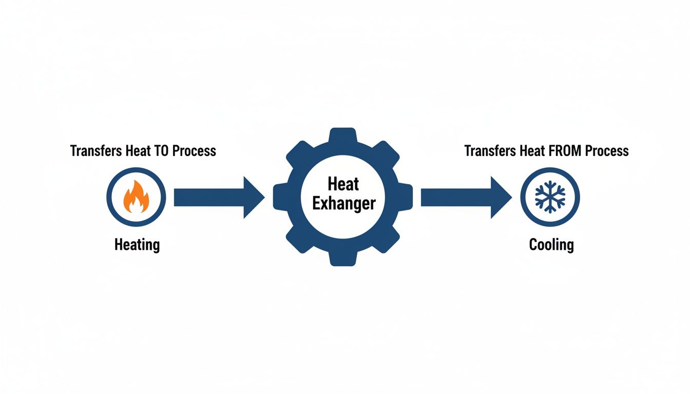 Diagram illustrates a heat exchanger's role in transferring heat for both heating and cooling processes.
