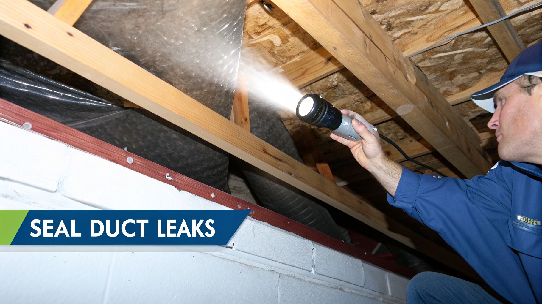 A technician inspects HVAC ductwork with a flashlight in a dimly lit crawl space.