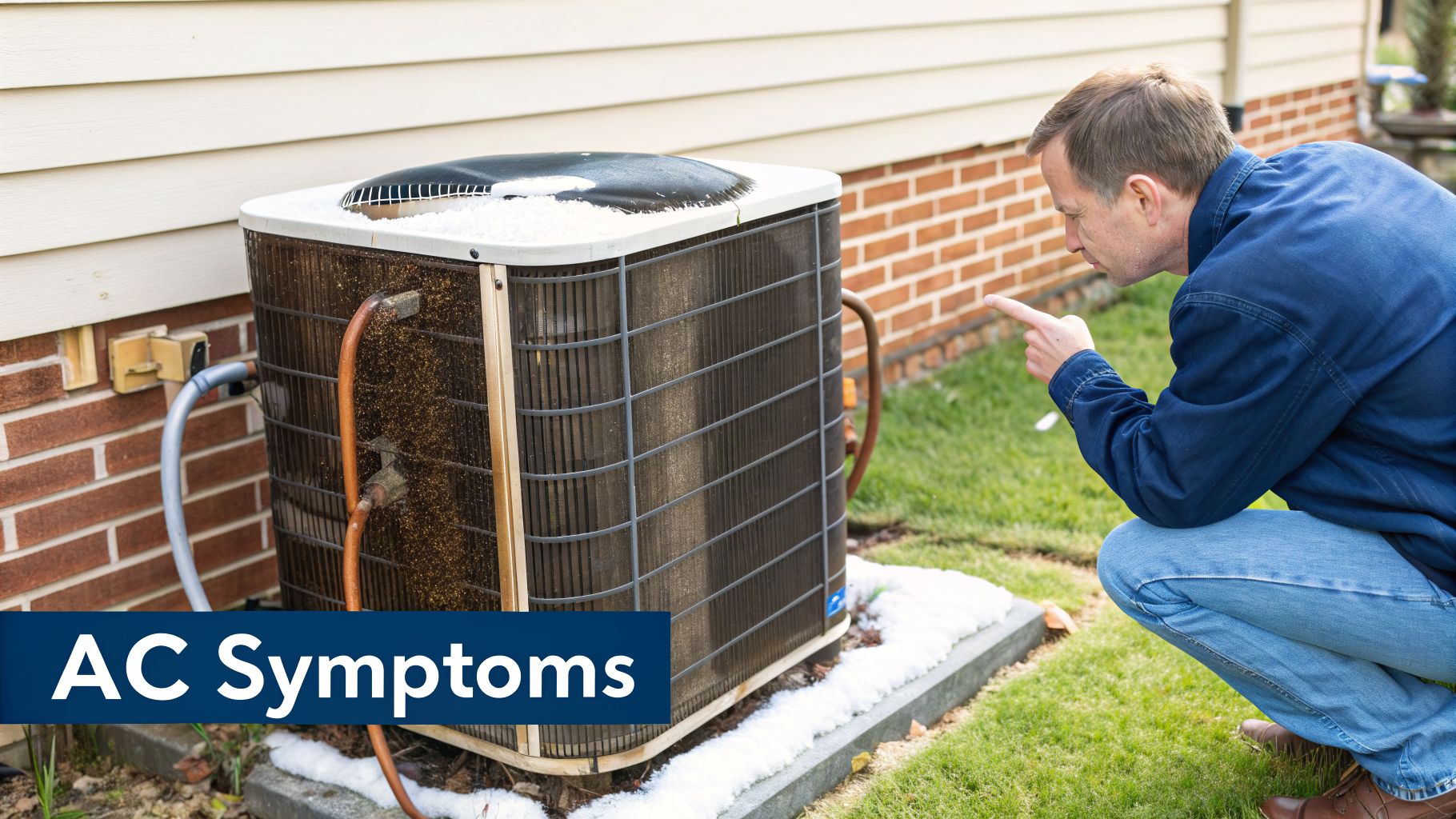 A man pointing at a frozen outdoor AC unit, showing common AC symptoms.