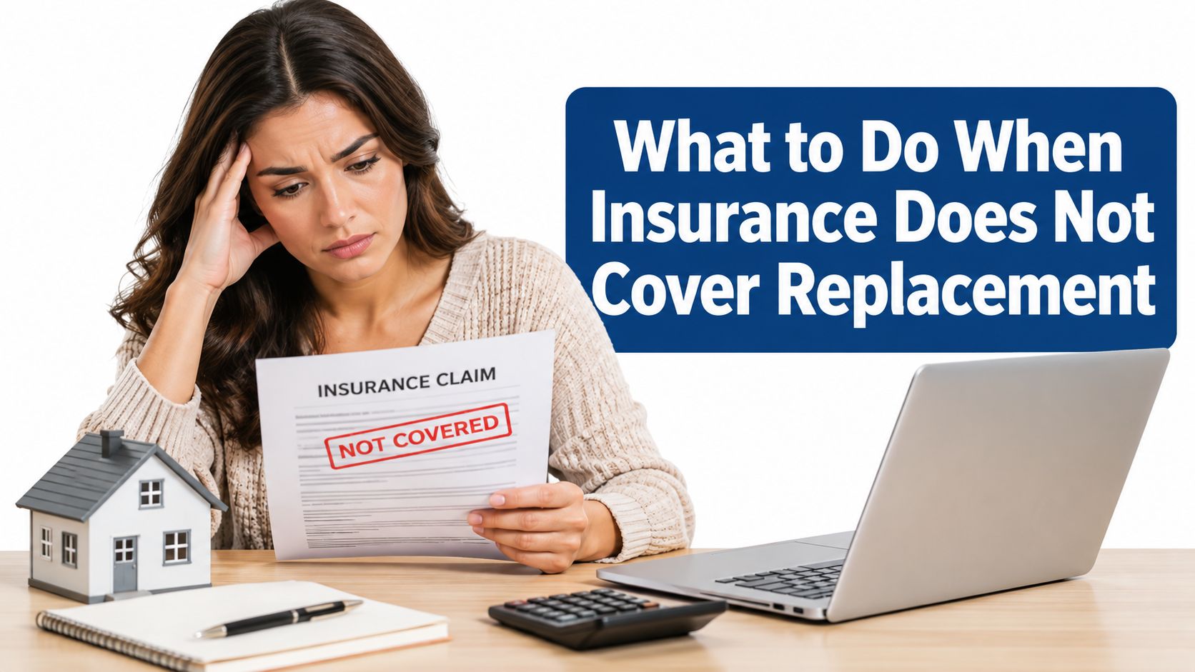 A concerned woman sitting at a desk reviewing a denied home insurance claim document on paper.