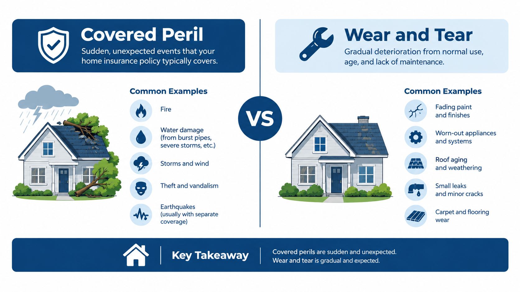 An infographic comparing covered insurance perils like fire and storms versus maintenance issues like normal wear and tear.