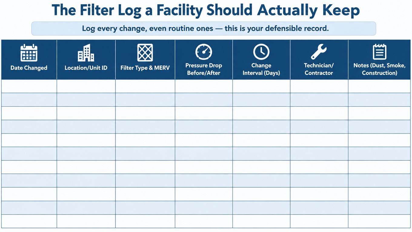 A blank HVAC filter maintenance log template for recording filter changes, locations, dates, and technician details.