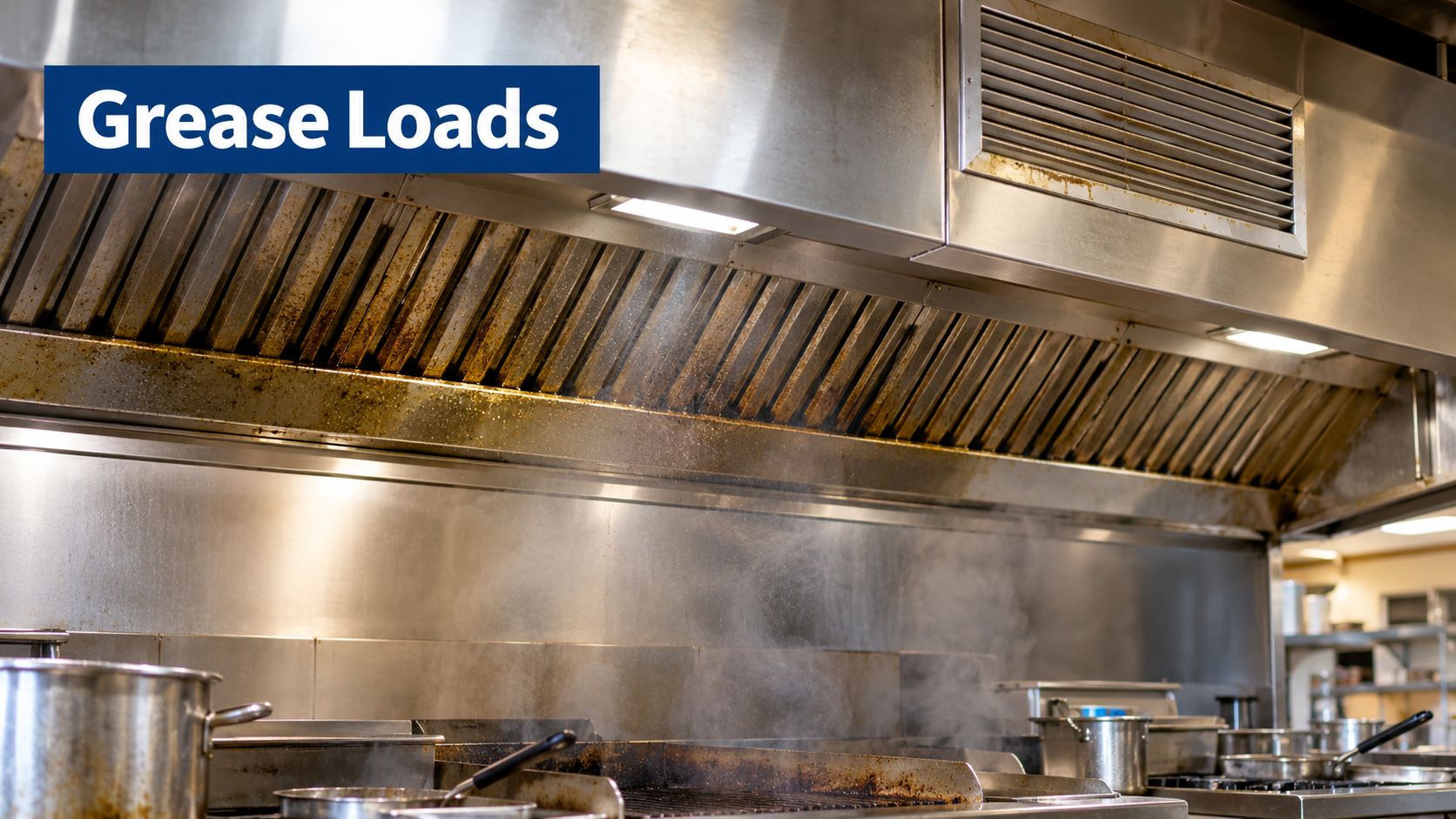 A commercial kitchen ventilation hood with visible grease buildup over a steaming hot cooking grill surface.
