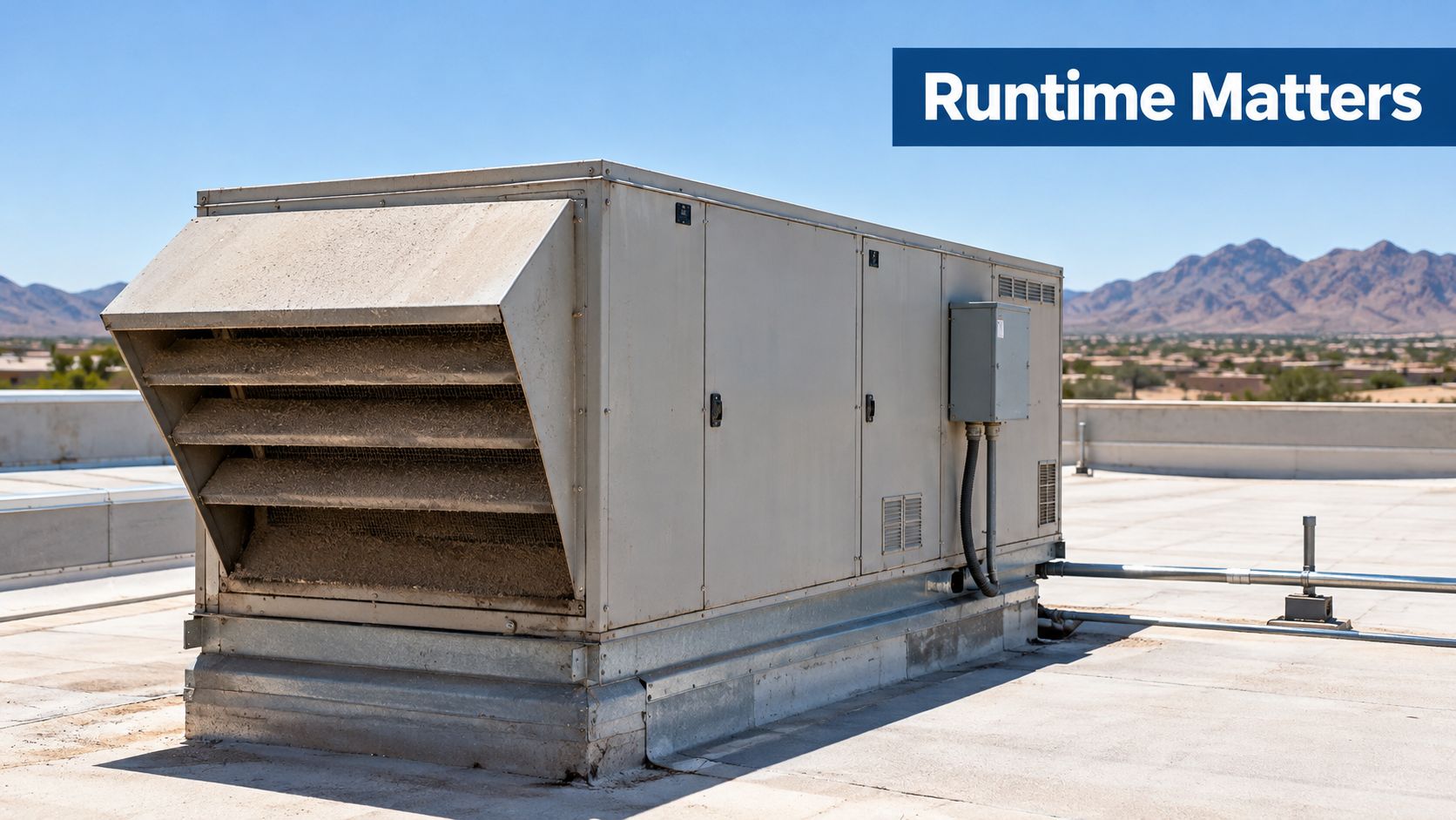 A rooftop industrial commercial HVAC unit with an intake vent situated under a bright blue sky.