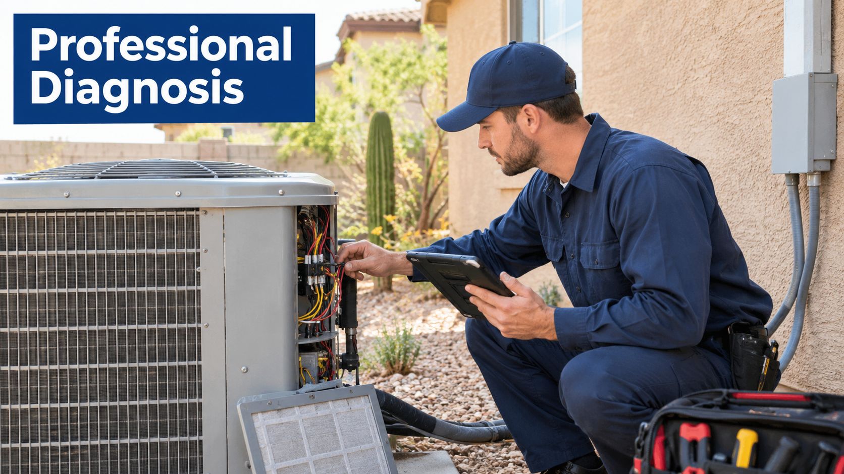 A professional technician wearing a blue uniform inspecting an outdoor air conditioning unit with a tablet.