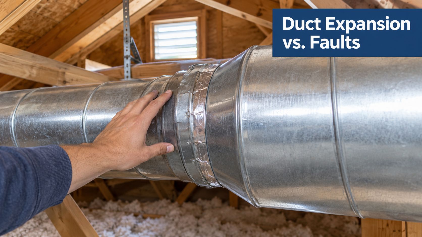 A hand touching a galvanized metal HVAC duct in an attic setting during a furnace inspection.