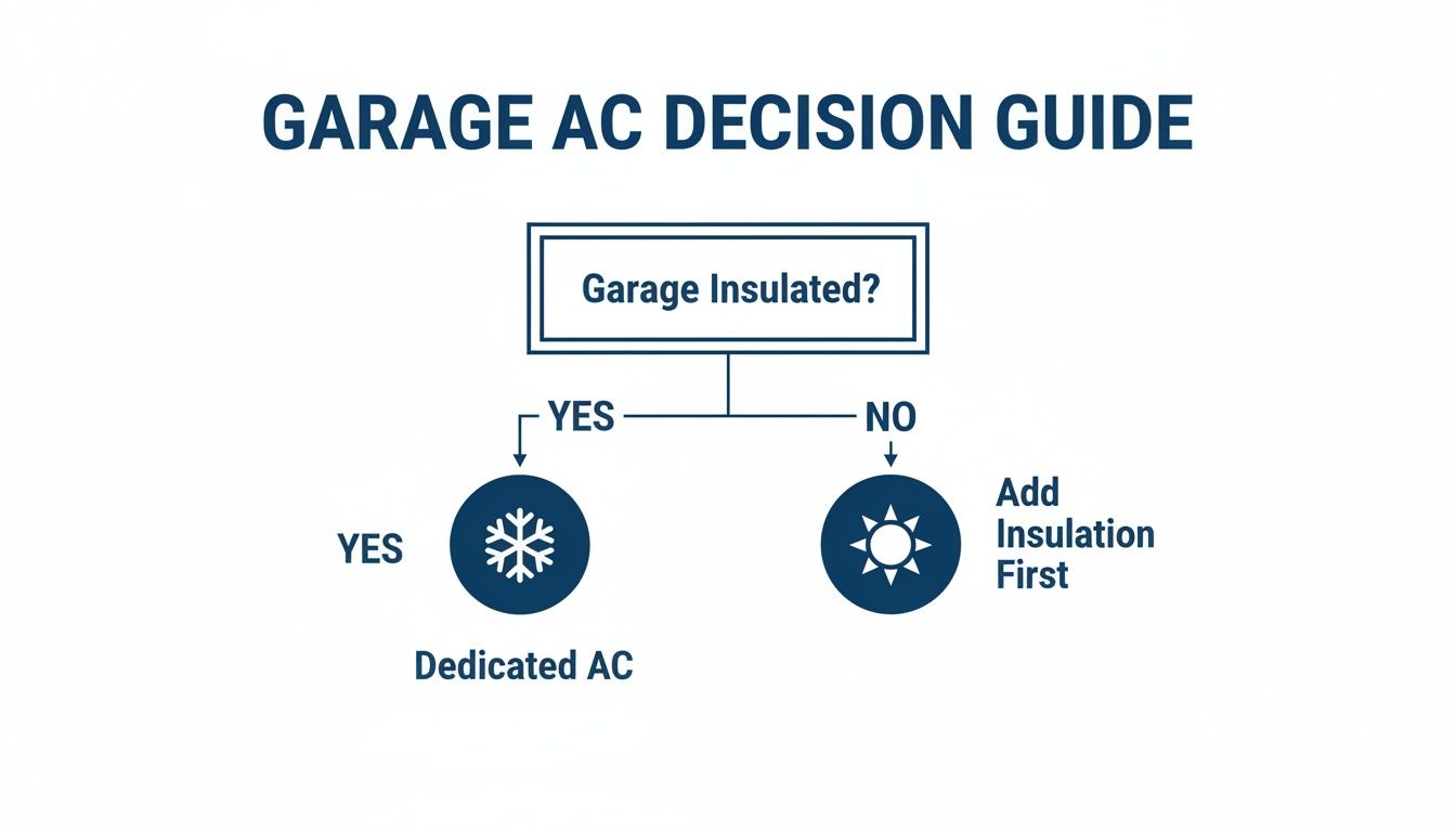A decision guide flowchart for garage AC, asking if the garage is insulated and recommending solutions.