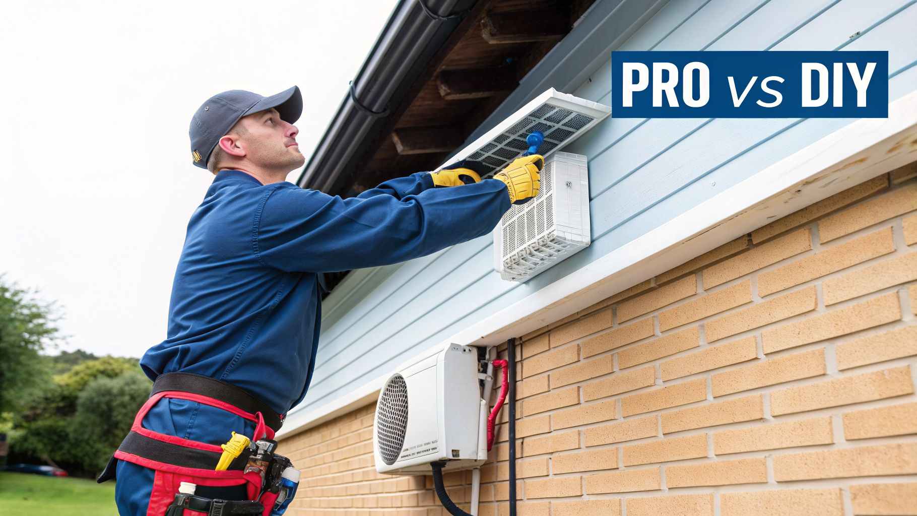 A man in work clothes installing an outdoor air conditioning unit on a light blue house.