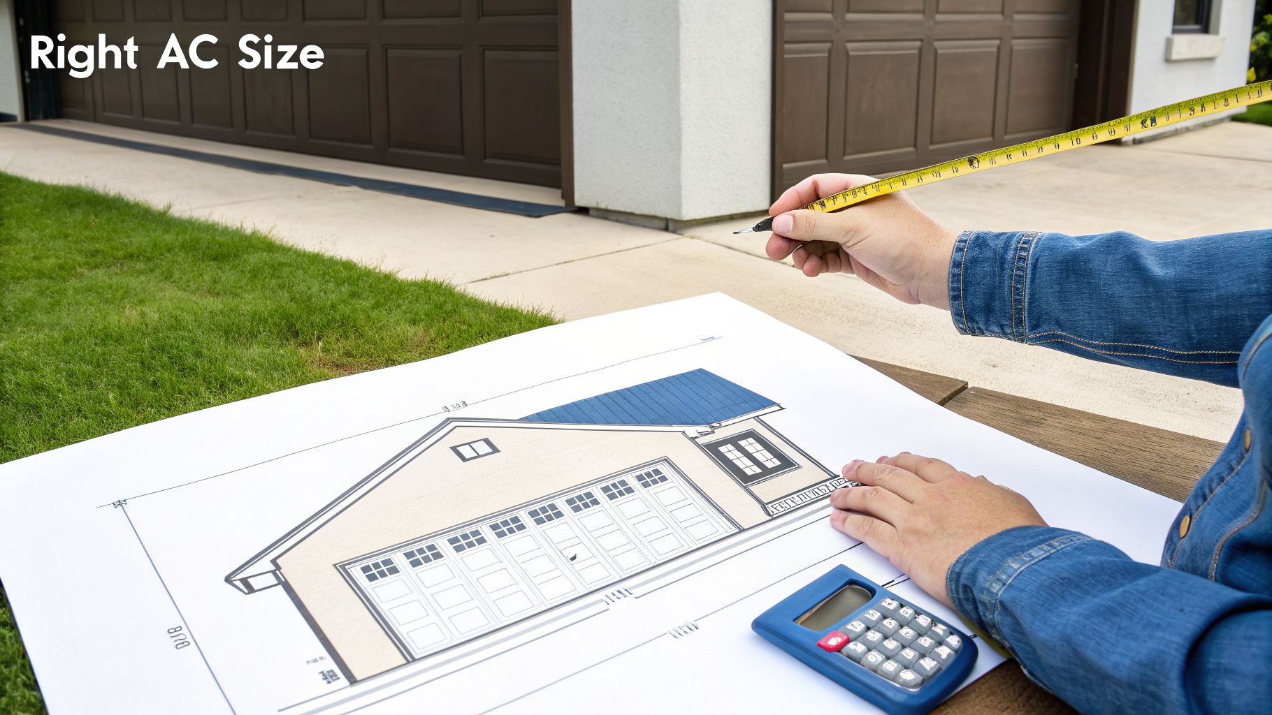 Hands measuring a garage blueprint with a tape measure and calculator, planning for an AC size.