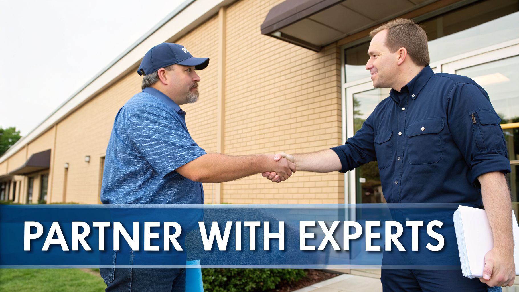 Two business professionals shaking hands outside a commercial building, with a 'Partner with Experts' banner.