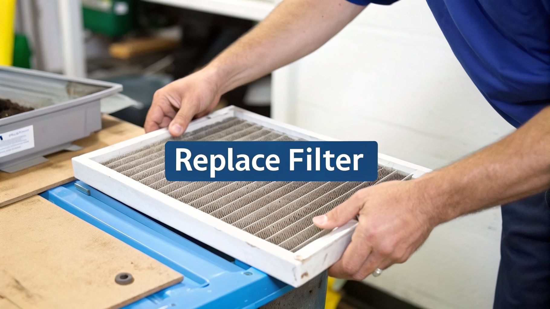 A person's hands are shown holding a dirty furnace or HVAC air filter, ready for replacement.