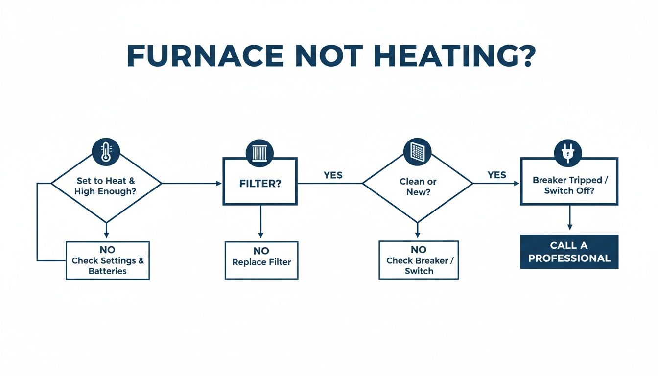 Flowchart troubleshooting guide for a furnace not heating, covering thermostat settings, air filter, and power issues.