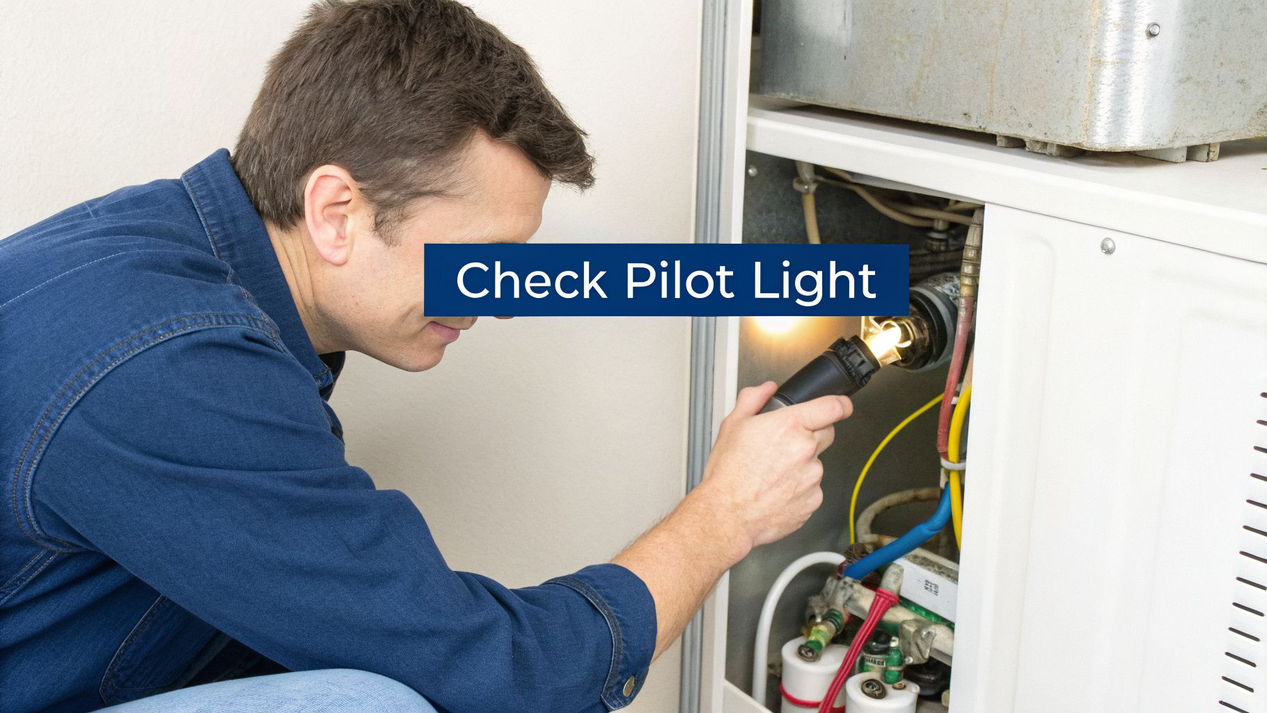 A man in a denim shirt inspects the inside of a furnace with a flashlight, checking the pilot light.