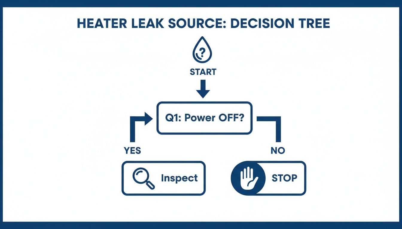 A decision tree flowchart for a heater leak source, starting with 'Q1: Power OFF?'.